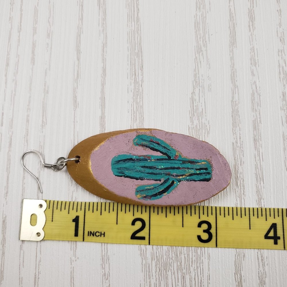 Wood Oval SINGLE Earring Cactus Painted Drop - Picture 5 of 5